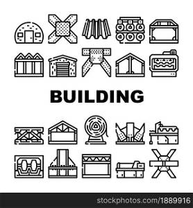 Self-framing Metallic Building Icons Set Vector. House Metal Material Frame Building And Bridge Construction, Industry Factory Production Machine And Equipment Contour Illustrations. Self-framing Metallic Building Icons Set Vector