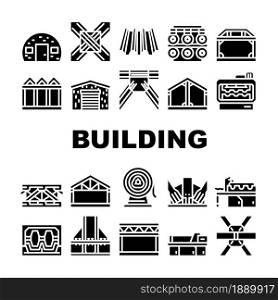 Self-framing Metallic Building Icons Set Vector. House Metal Material Frame Building And Bridge Construction, Industry Factory Production Machine And Equipment Glyph Pictograms Black Illustrations. Self-framing Metallic Building Icons Set Vector