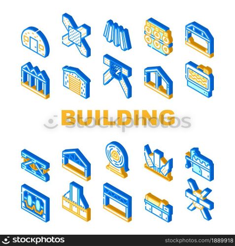 Self-framing Metallic Building Icons Set Vector. House Metal Material Frame Building And Bridge Construction, Industry Factory Production Machine And Equipment Isometric Sign Color Illustrations. Self-framing Metallic Building Icons Set Vector