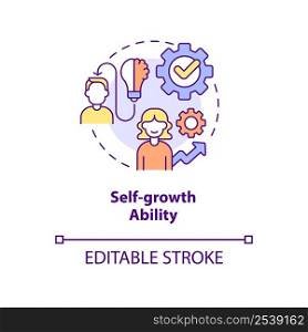Self-growth ability concept icon. Top soft skill in workplace abstract idea thin line illustration. Personal development. Isolated outline drawing. Editable stroke. Arial, Myriad Pro-Bold fonts used. Self-growth ability concept icon