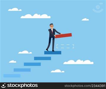 Self growth, promotion of career, business development. Businessman standing on steps and building path to achieving goals, people motivation, strategy vision. Vector cartoon flat isolated concept. Self growth, promotion of career, business development. Businessman standing on steps and building path to achieving goals, people motivation, strategy vision. Vector concept