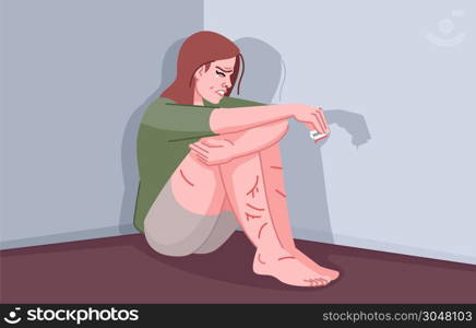 Self harm addiction flat vector illustration. Self mutilation psychological disorder. Woman with obsessive syndrome. Depressed girl crying and cutting skin with sharp blade cartoon character. Self harm addiction flat vector illustration. Self mutilation psychological disorder. Woman with obsessive syndrome. Depressed girl crying and cutting skin with razor blade cartoon character