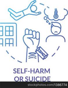 Self-harm and self-murder, injury concept icon. Depression and insanity result, psychical problem, felo-de-se idea thin line illustration. Vector isolated outline RGB color drawing. Self-harm and self-murder, injury concept icon