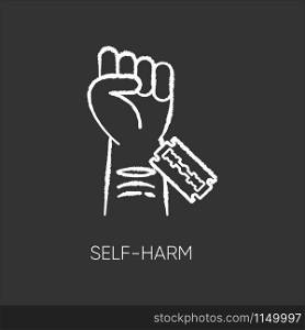 Self-harm chalk icon. Cut hand with razor blade. Open wound. Mental disorder. Psychological issue. Nonsuicidal injury. Hurt vein. Self-inflicted violence. Isolated vector chalkboard illustration