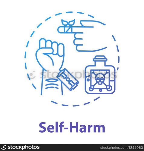 Self harm concept icon. Masochism. Self-injury and substance abuse. Personality disorder. Mental illness idea thin line illustration. Vector isolated outline RGB color drawing