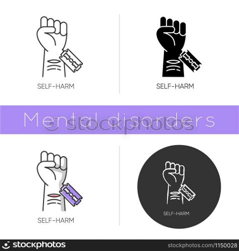 Self-harm icon. Cut hand with razor blade. Open wound. Mental disorder psychotherapy. Hurt vein. Self-inflicted violence. Flat design, linear and color styles. Isolated vector illustrations