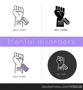 Self-harm icon. Cut hand with razor blade. Open wound. Mental disorder psychotherapy. Hurt vein. Self-inflicted violence. Flat design, linear and color styles. Isolated vector illustrations