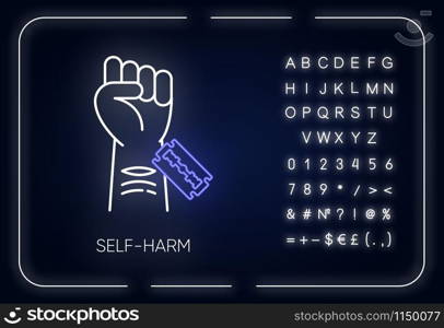 Self-harm neon light icon. Cut hand with razor blade. Open wound. Mental disorder. Hurt vein. Self-inflicted violence. Glowing sign with alphabet, numbers and symbols. Vector isolated illustration