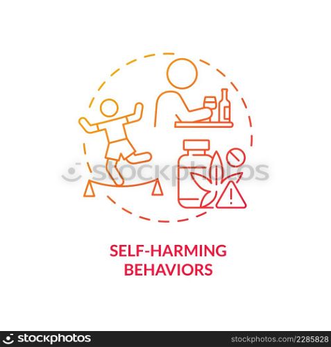 Self harming behaviors red gradient concept icon. Alcohol usage. Effects of conduct disorder abstract idea thin line illustration. Isolated outline drawing. Myriad Pro-Bold fonts used. Self harming behaviors red gradient concept icon