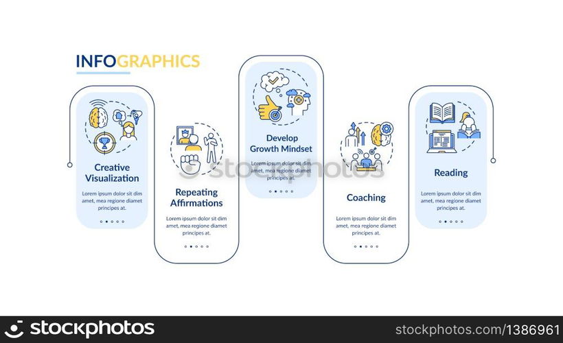 Self improvement vector infographic template. Learn and develop presentation design elements. Data visualization with 5 steps. Process timeline chart. Workflow layout with linear icons. Self improvement vector infographic template