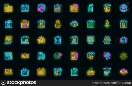 Self isolation icons set outline vector. Home house. Work safe vector neon. Self isolation icons set outline vector. Home house vector neon