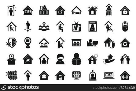 Self isolation icons set simple vector. Home work. Safe stay. Self isolation icons set simple vector. Home work