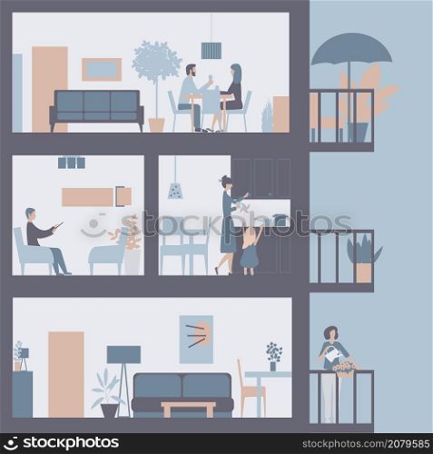 Self-isolation, people in apartments. Apartment building in cut. Vector illustration
