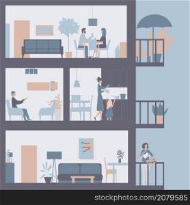 Self-isolation, people in apartments. Apartment building in cut. Vector illustration