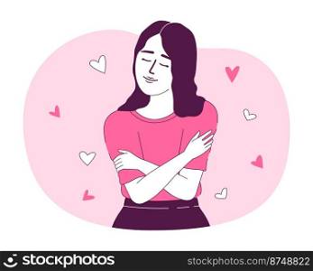 Self love and acceptance 2D vector isolated linear illustration. Emotionally healthy thin line flat character on cartoon background. Colorful editable scene for mobile, website, presentation. Self love and acceptance 2D vector isolated linear illustration