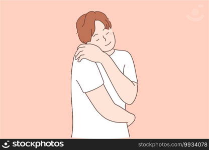 Self love and self care concept. Young smiling man cartoon character wearing casual clothes standing and hugging himself feeling happy and positive over pink background vector illustration. Self love and self care concept