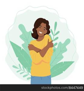 Self love concept, black woman hugging herself, vector illustration in flat style