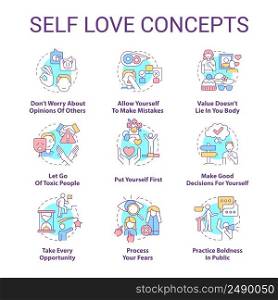 Self love concept icons set. Care about personal mental wellness idea thin line color illustrations. Leaving toxic people. Isolated symbols. Editable stroke. Roboto-Medium, Myriad Pro-Bold fonts used. Self love concept icons set