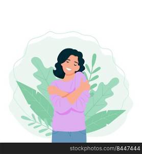 Self love concept, woman hugging herself, vector illustration in flat style