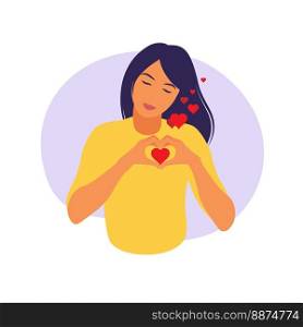 Self-love concept. Young girl making hand heart symbol with her fingers that express love and acceptance. Flat vector.