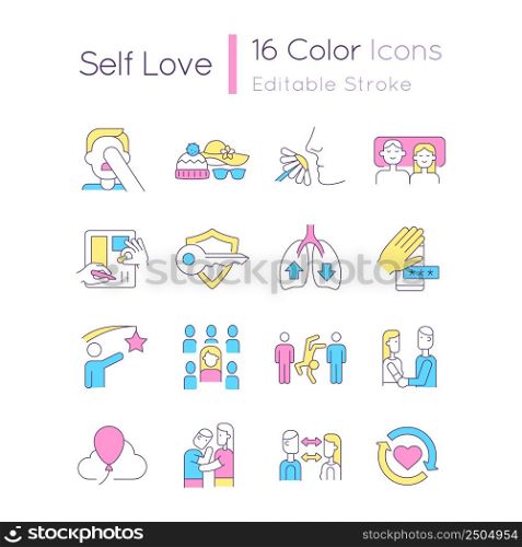 Self love RGB color icons set. Healthy communication. Self esteem development. Isolated vector illustrations. Simple filled line drawings collection. Editable stroke. Quicksand-Light font used. Self love RGB color icons set