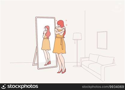 Self love, self esteem concept. Narcissist woman cartoon character standing at mirror and looking at reflection feeling proud hugging herself vector illustration . Self love, self esteem concept