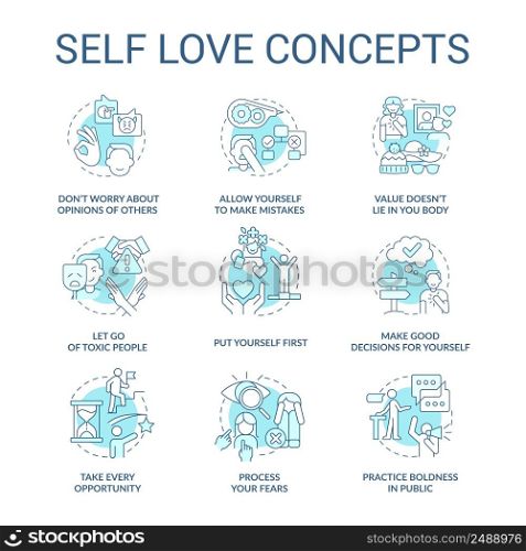 Self love turquoise concept icons set. Care about personal mental wellness idea thin line color illustrations. Isolated symbols. Editable stroke. Roboto-Medium, Myriad Pro-Bold fonts used. Self love turquoise concept icons set