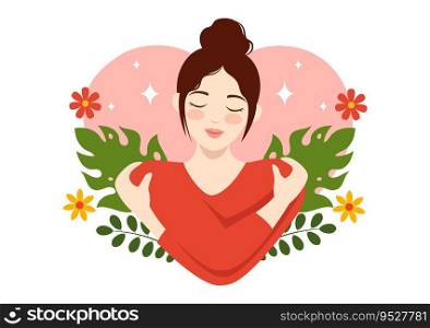 Self Love Vector Illustration with Women Love Yourself, Relaxation, Motivational Phrases and Hearts in Flat Cartoon Hand Drawn Background Templates