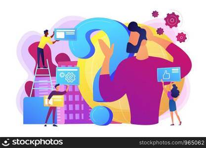 Self management, life coaching. Man doubting, questioning, brainstorming. Identity crisis, delirium and mental confusion, confused feelings concept. Bright vibrant violet vector isolated illustration. Confusion concept vector illustration