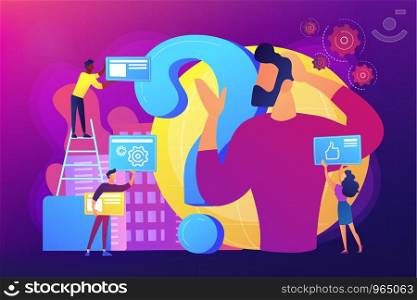 Self management, life coaching. Man doubting, questioning, brainstorming. Identity crisis, delirium and mental confusion, confused feelings concept. Bright vibrant violet vector isolated illustration. Confusion concept vector illustration
