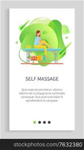 Self massage vector, lady massaging her feet and ankles with help of lotions and oils, table for clients, therapy in spa salon relaxing rubbing. Website or app slider template, landing page flat style. Self Massage, Woman Rubbing Feet and Ankles Vector