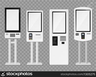 Self-ordering kiosk. Floor standing and wall interactive kiosks, terminal self payment for fast food retailers chains vector service machine mockups. Self-ordering kiosk. Floor standing and wall interactive kiosks, terminal self payment for fast food retailers chains vector mockups