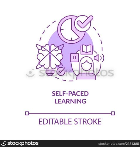 Self paced learning purple concept icon. Own time and schedule. Elearning abstract idea thin line illustration. Isolated outline drawing. Editable stroke. Roboto-Medium, Myriad Pro-Bold fonts used. Self paced learning purple concept icon