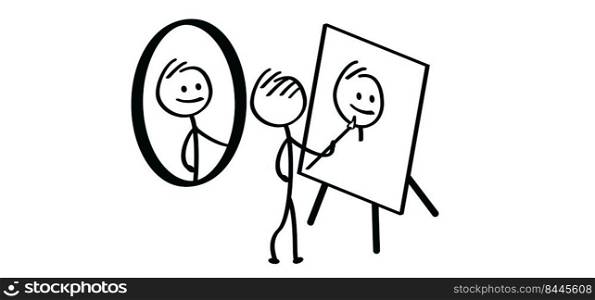 Self-portrait and easel. Stickman, stick figures man draws itself from a mirror. Drawing, paint people face portrait. Cartoon, comic selfie on canvas. reflection.