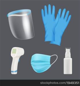 Self protection equipment. Realistic medical tools face shield mask thermometer coronavirus preventative vector elements. Protect personal equipment, surgical gloves and protective mask illustration. Self protection equipment. Realistic medical tools face shield mask thermometer coronavirus preventative vector elements