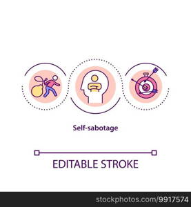 Self sabotage concept icon. Actively or passively take steps to prevent from reaching goals. Procrastination idea thin line illustration. Vector isolated outline RGB color drawing. Editable stroke. Self sabotage concept icon