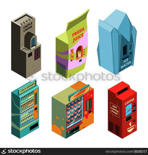 Self service food and drink machines. Food machine, drink automatic vending, vector illustration. Self service food and drink machines