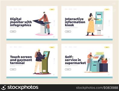Self service information kiosks, digital cashier terminals and signage for contactless payment online set of landing pages with customers use modern toauchscreen panels. Flat vector illustration. Self service information kiosks, digital terminals and signage for contactless payment landing pages