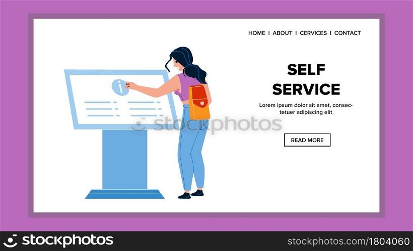 Self Service Interactive Computer Use Girl Vector. Young Woman Use Information Kiosk Self Service Machine. Character Electronic Equipment And Touchscreen Counter Web Flat Cartoon Illustration. Self Service Interactive Computer Use Girl Vector