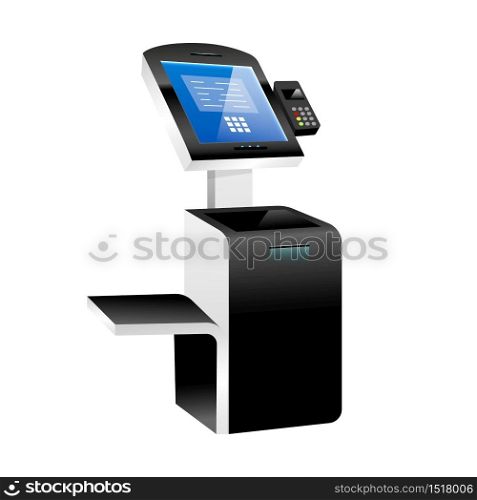 Self service kiosk with terminal realistic vector illustration. Interactive payment system flat color object. Store freestanding construction isolated on white background. Electronic pay counter