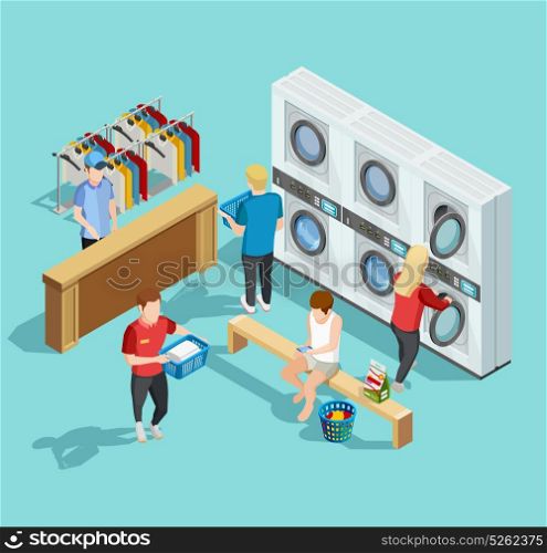 Self Service Laundry Facility Isometric Poster. Self service coin public laundry facility interior with customers washing and drying clothes isometric poster vector illustration