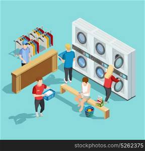 Self Service Laundry Facility Isometric Poster. Self service coin public laundry facility interior with customers washing and drying clothes isometric poster vector illustration