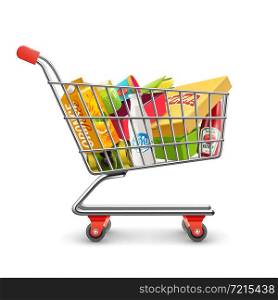 Self-service supermarket full shopping trolley cart with fresh grocery products and red handle realistic vector illustration . Shopping Supermarket Cart With Grocery Pictogram