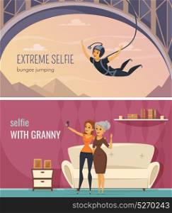 Selfie Banners Set. Selfie horizontal banners set with extreme and family selfie symbols flat isolated vector illustration