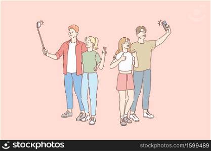Selfie, blog, social media, couple concept. Group of young people couples in love, boyfriends girlfriends students bloggers, teenagers friends men women taking selfie for social network on smartphones. Selfie, blog, social network, couple concept