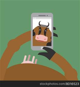 Selfie cow. Animal is photographed on phone. Smartphone in hoof. Vector illustration of a farm animal. Udder cow animal.&#xA;
