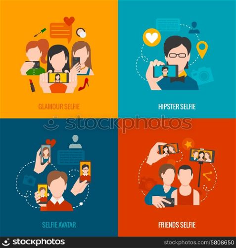Selfie design concept set with glamour hipster friend avatar flat icons isolated vector illustration. Selfie Flat Set