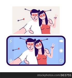 Selfie flat vector illustration. Couple in love making selfie photo. Two lovers make picture with hearts and arrows. Man and woman take self portrait on phone isolated cartoon character on background