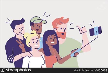 Selfie flat vector illustration. Happy people making selfie stick picture together. Capturing bright moment. Group of friends taking self photo with phone isolated cartoon character on grey background