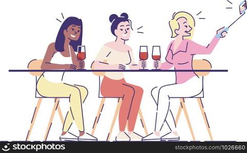 Selfie flat vector illustration. Three smiling women at table with wine glasses taking self photo on smartphone camera. Friends meeting. Hen-party isolated cartoon character on white background